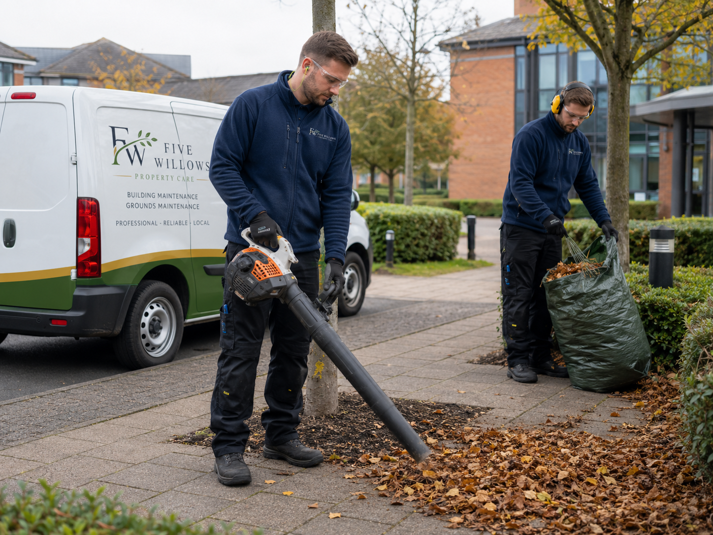 Two workers cleaning fallen leaves from a sidewalk using a leaf blower and a trash bag, next to a white van with 'Five Willows Property Care' logo, in a residential area with trees and modern buildings in the background.
