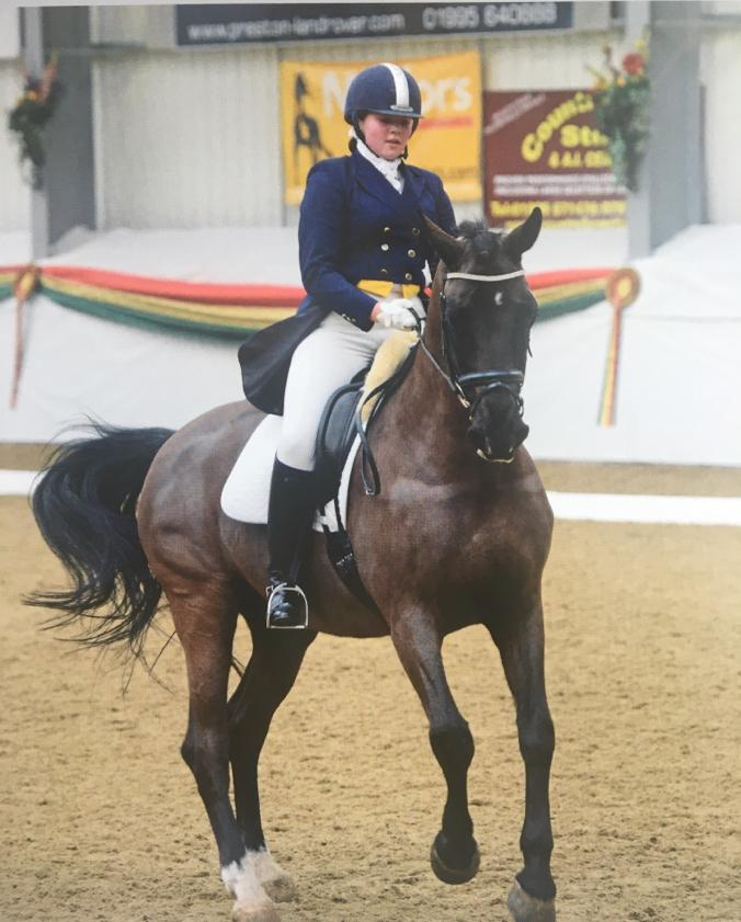 A female equestrian rider dressed in a navy riding jacket, white breeches, and a helmet, sits on a dark brown horse with a white saddle pad in an indoor arena. A banner and colorful ribbon decorations are visible in the background.