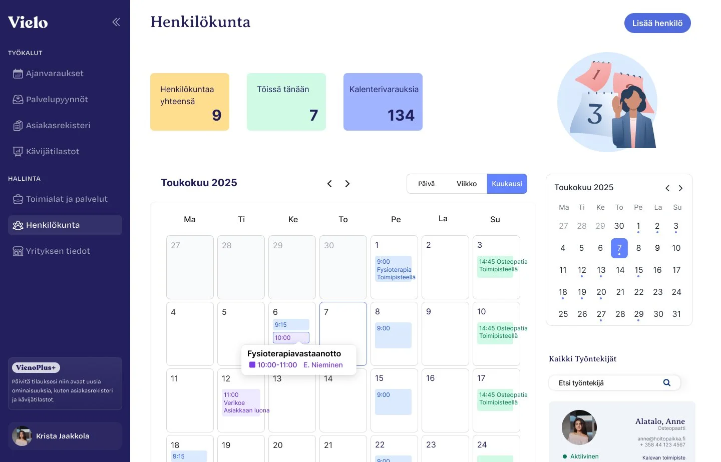 Screenshot of a personnel management dashboard showing the number of staff, appointments, calendar reservation, and a monthly calendar for May 2025 with scheduled appointments.