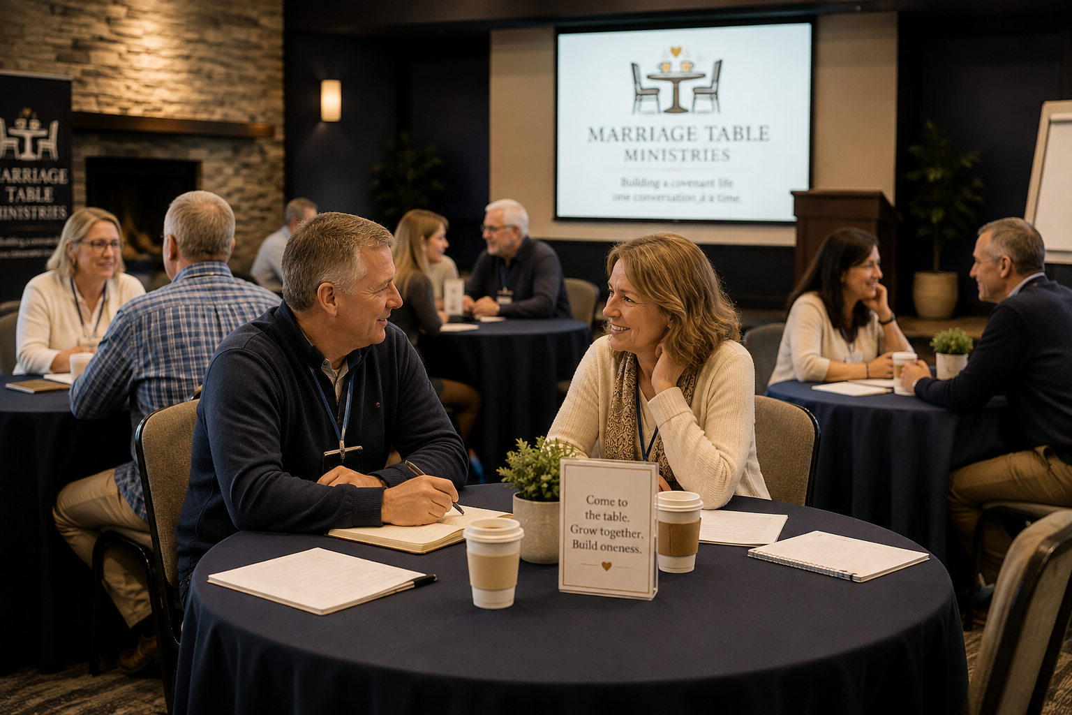 People engaging in conversations at round tables during a conference on marriage table ministries, with a presentation slide in the background.