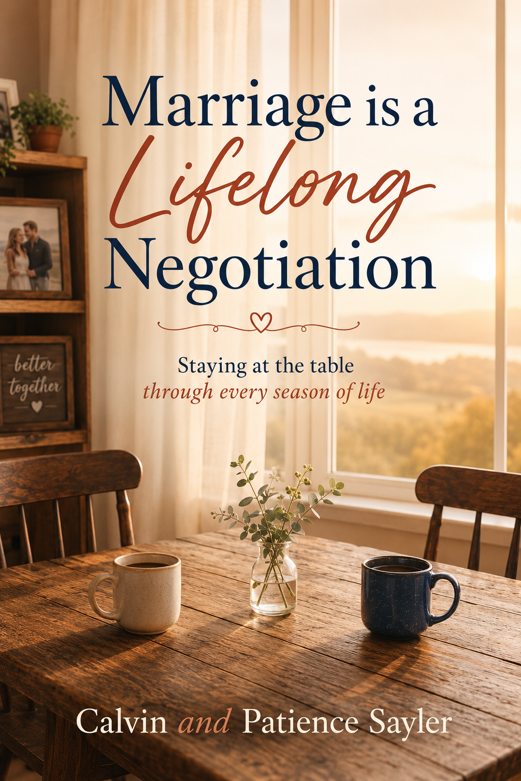 Book cover titled 'Marriage is a lifelong negotiation' with a subtitle, 'Staying at the table through every season of life.' The author's name, Calvin and Patience Sayler, appears at the bottom. The cover features a cozy interior with a wooden table, two cups of coffee, a small vase with greenery, and sunlight streaming through a large window overlooking a landscape.