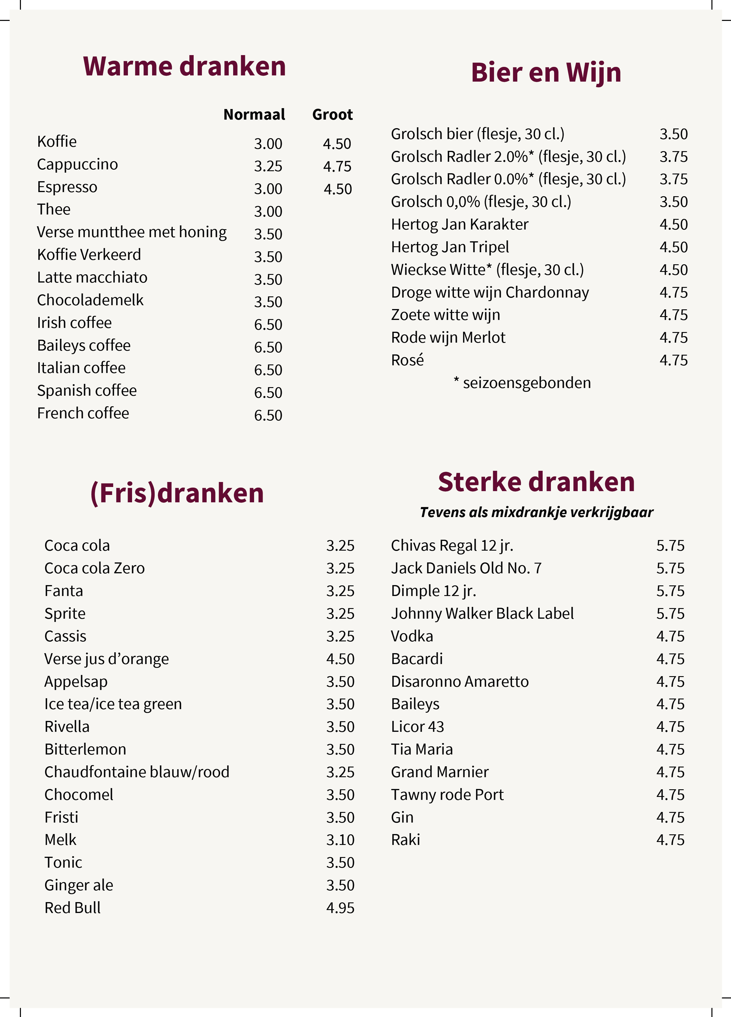 Menu met dranken, onderverdeeld in warme dranken, frisdranken, bier en wijn, en sterke dranken, met prijzen voor verschillende opties.