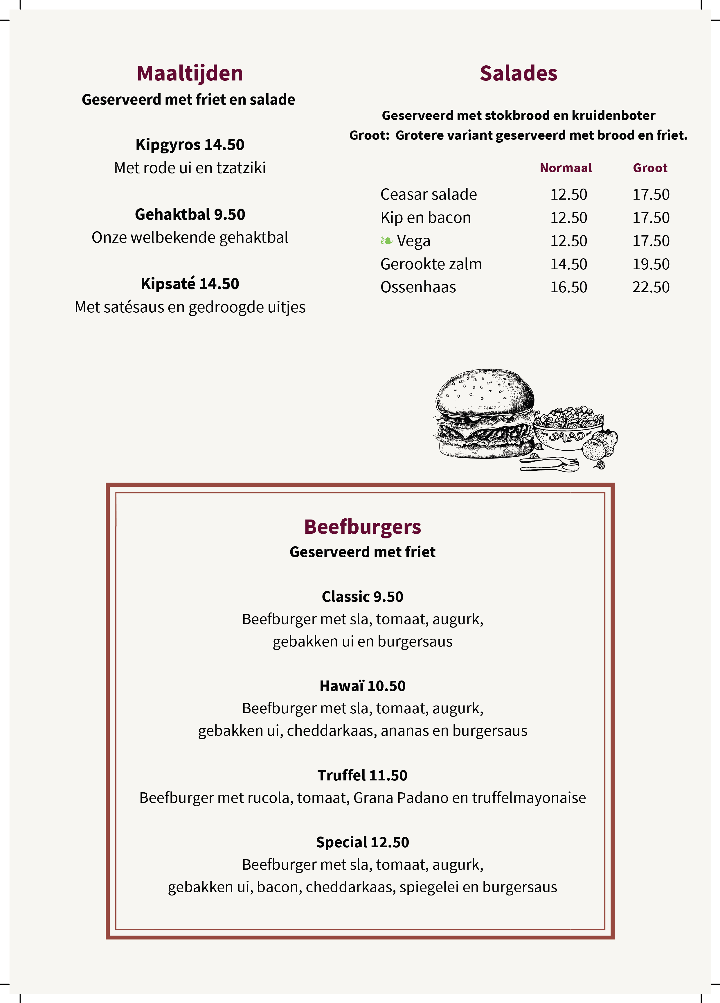 Menu met verschillende soorten hamburgers en salades, inclusief prijzen en beschrijvingen.