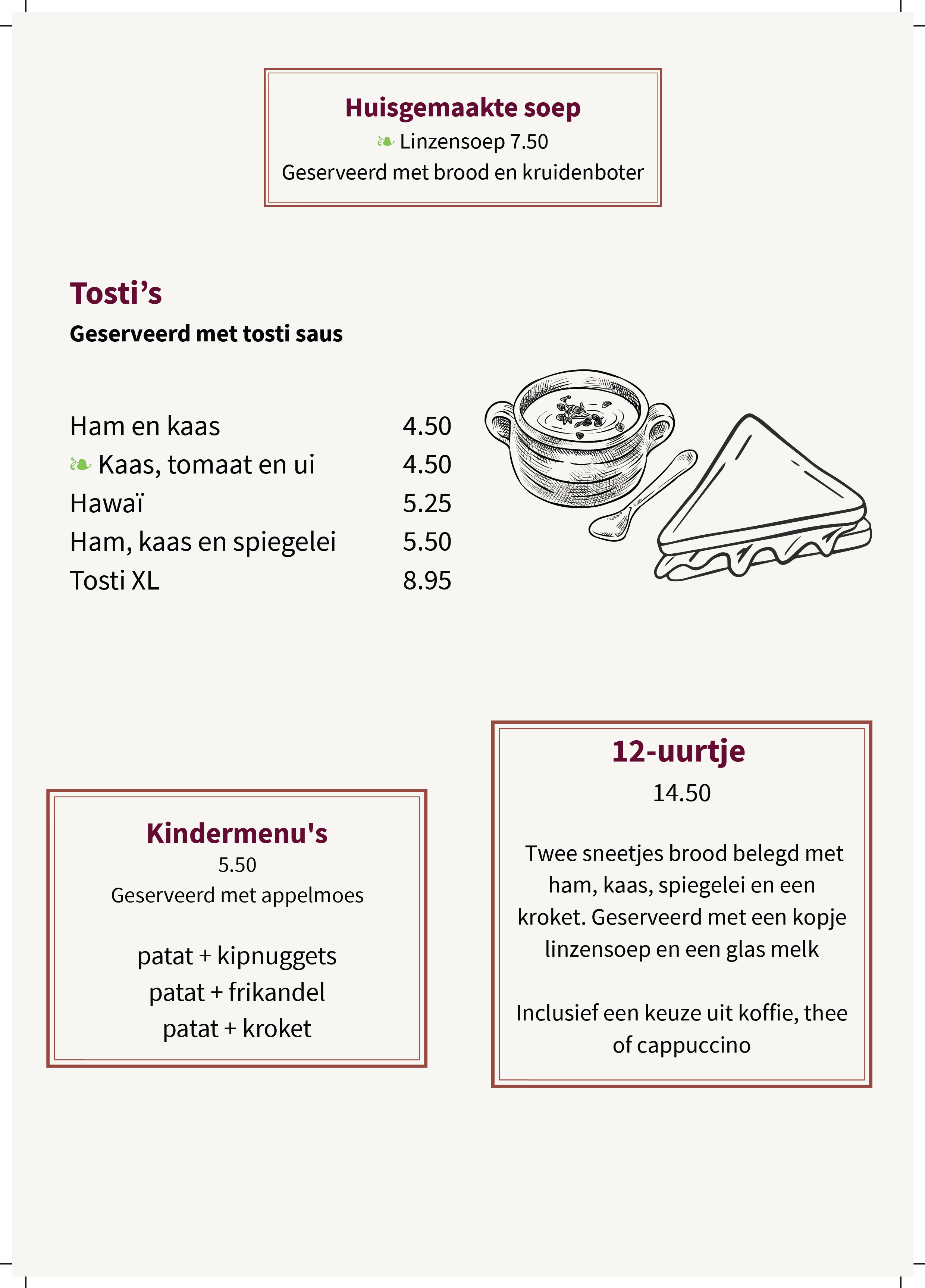 Een menukaart met verschillende soepen en broodjes, inclusief tekeningen van een soep en een belegde sandwich.