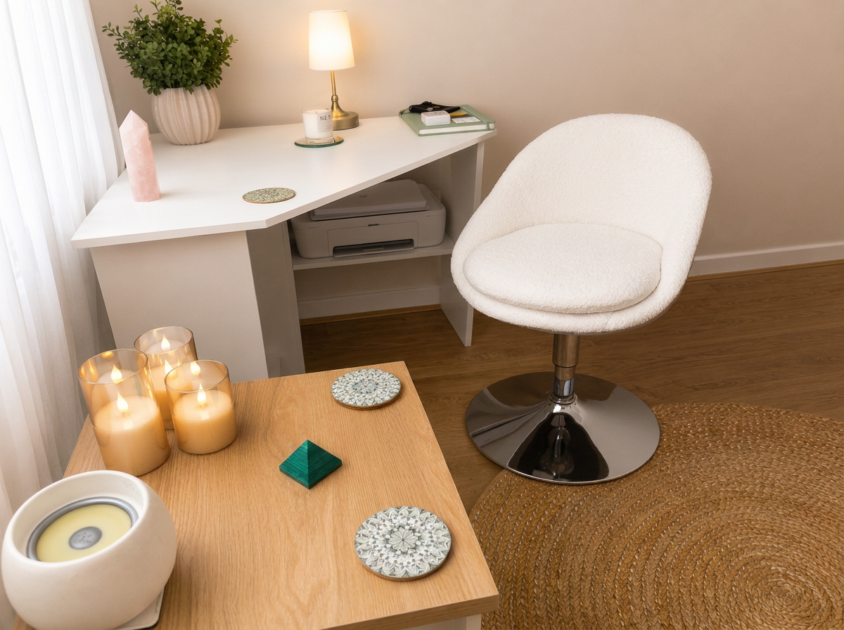 A cozy workspace with a white desk, a plush white swivel chair, candles, decorative objects, a potted plant, and a lamp, set on a wooden floor with a round woven rug.