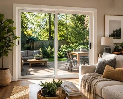 Living room with large sliding glass door leading to a backyard patio with outdoor furniture and lush green trees.