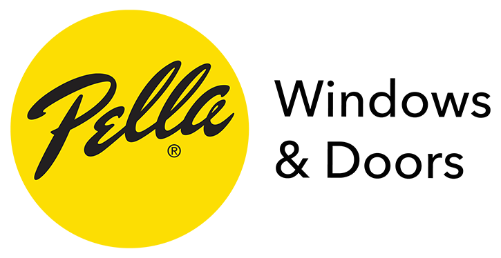 The Pella logo with a yellow circle and black cursive text, alongside the words Windows & Doors.