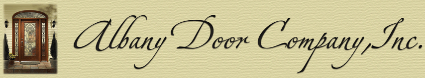Logo for Albany Door Company Inc., featuring a wooden door with glass panels