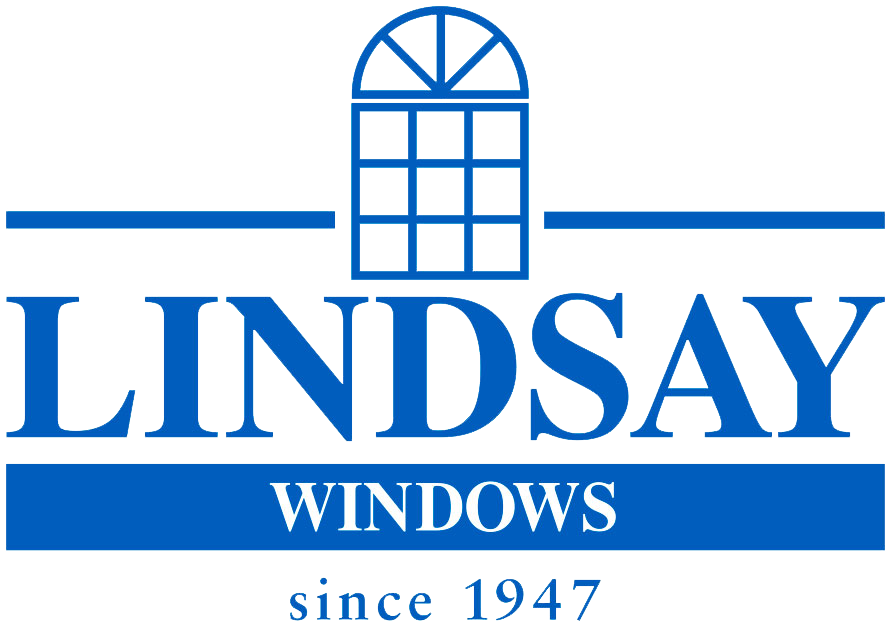 The logo of Lindsay Windows featuring a stylized blue window with an arch and grid, the company name in large blue letters, "Windows" in white, and "since 1947" at the bottom.