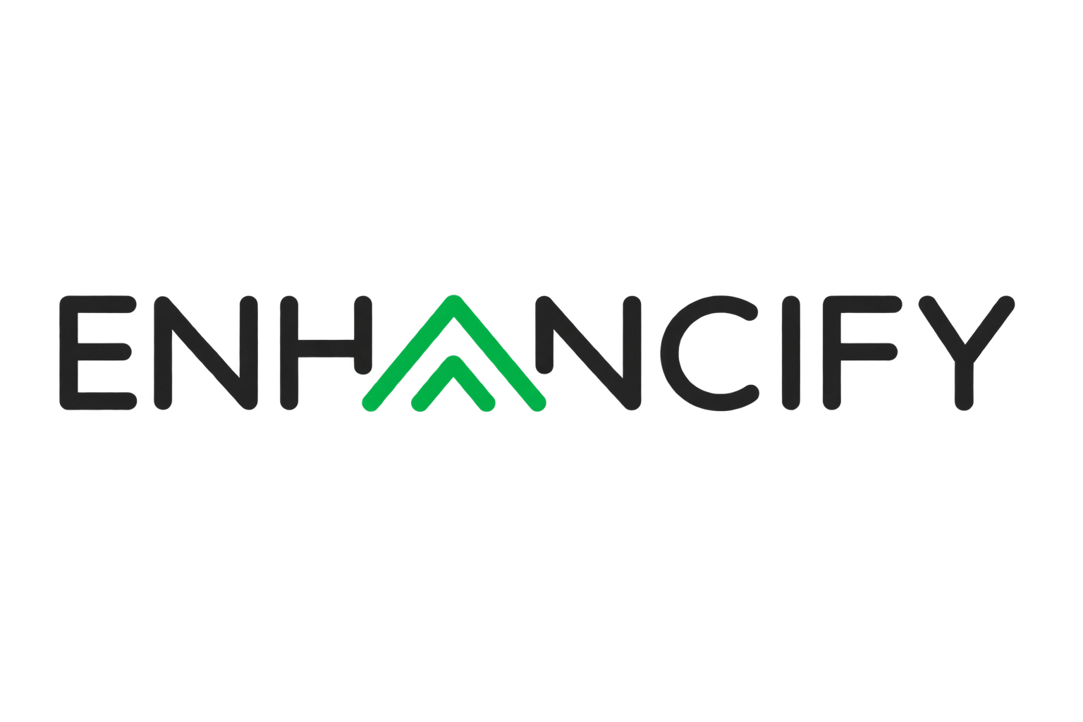 Neon sign spelling out 'ENHANCY' with a colorful outline and a city skyline reflected at the bottom.
