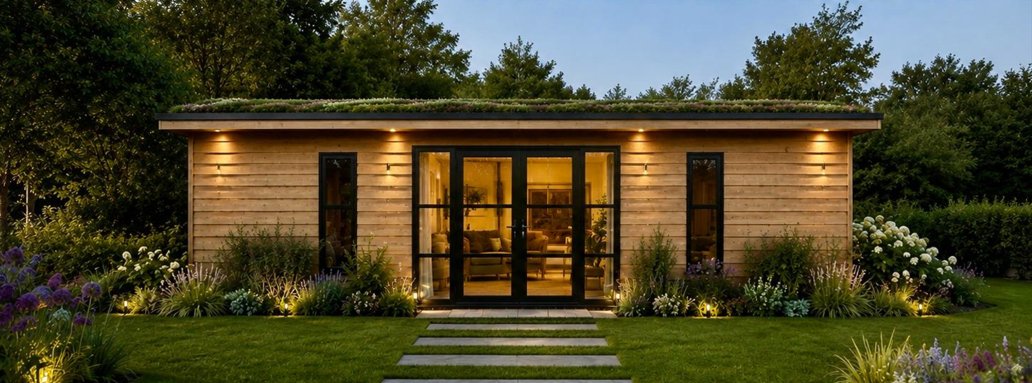 A modern wooden house with large glass doors and windows, surrounded by a landscaped garden with flowers and greenery, illuminated by exterior lighting at dusk.
