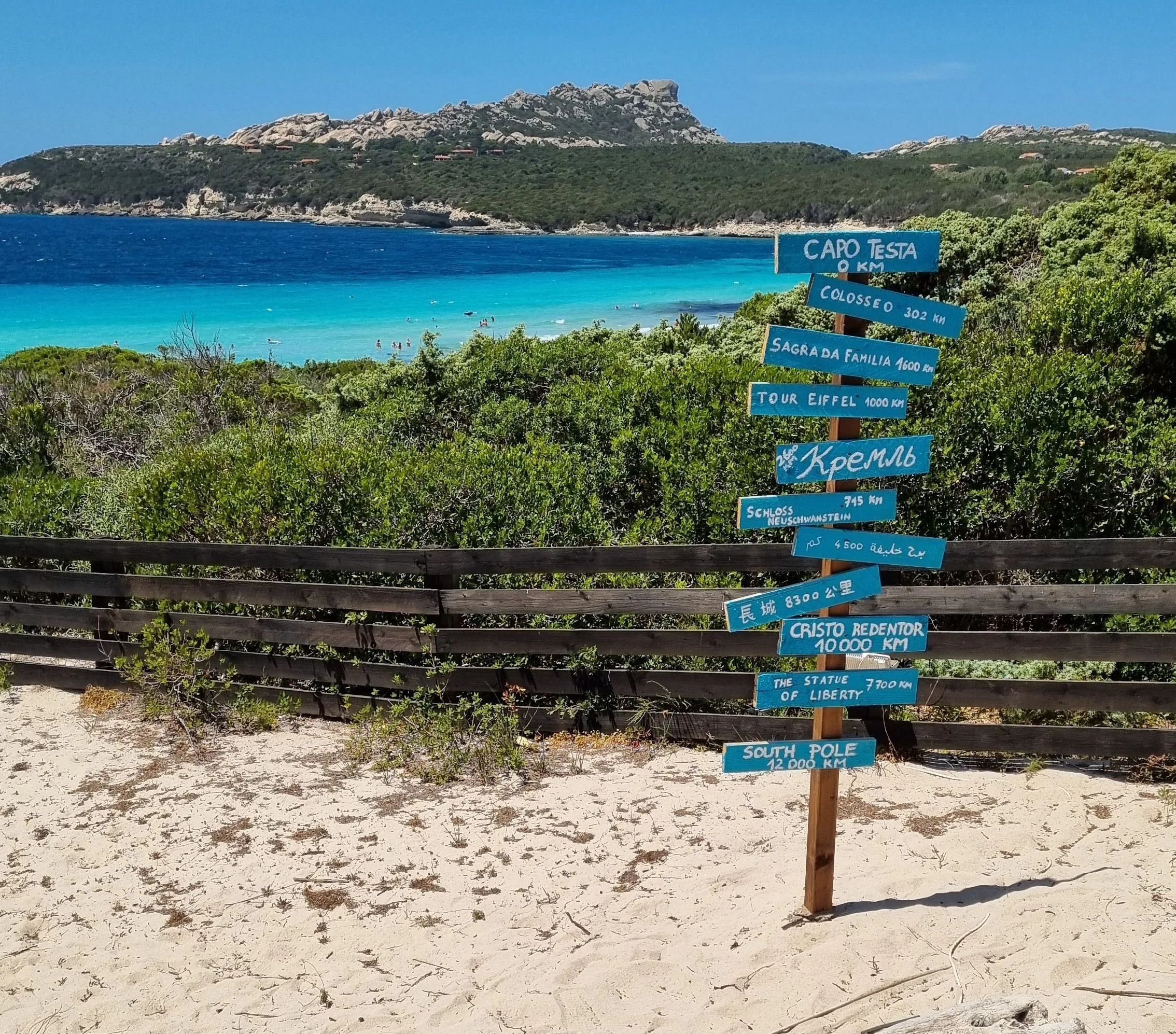 Een strand met een houten bord met namen en afstanden naar verschillende locaties, waaronder Capo Testa, Colosseo, Sagra da Familia, Tour Eiffel, en andere. Op de achtergrond is de zee met mensen die zwemmen en een groen heuvelachtig gebied met rotsformaties.