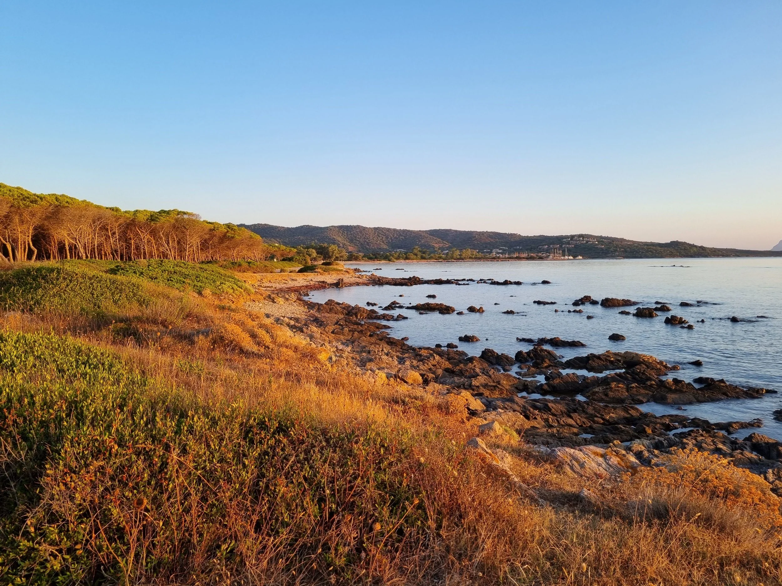 Herfst in Sardinie met zeezicht. Kalme zee met zonneschijn.