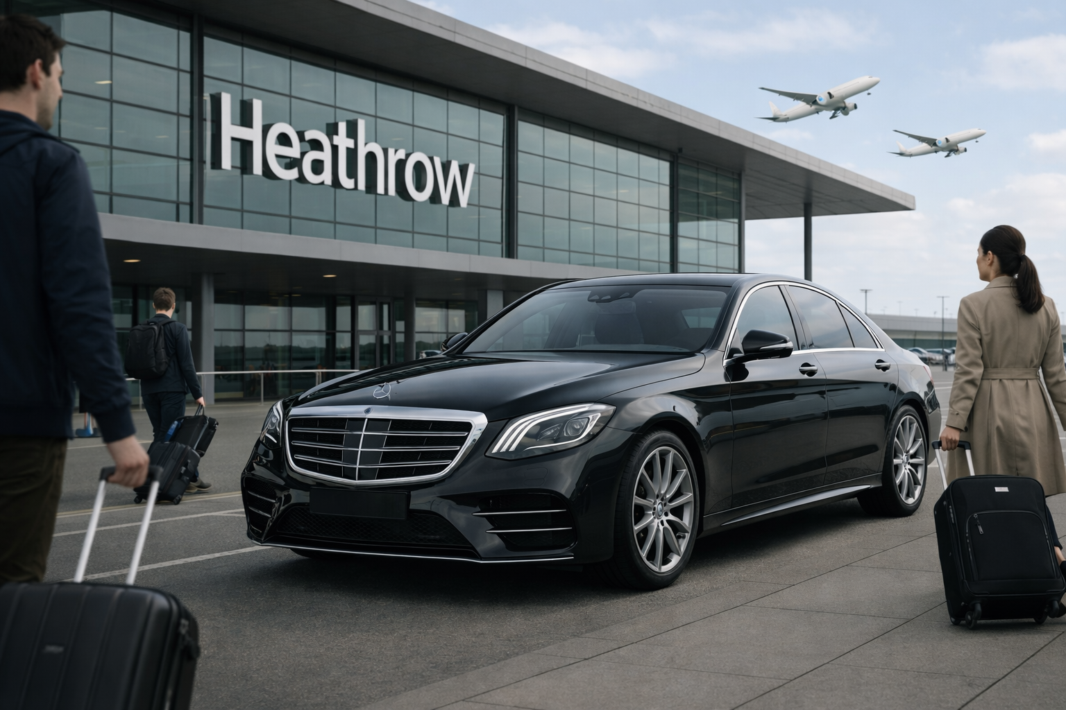 People with luggage arriving at Heathrow Airport, with a black luxury car parked outside and airplanes flying overhead.