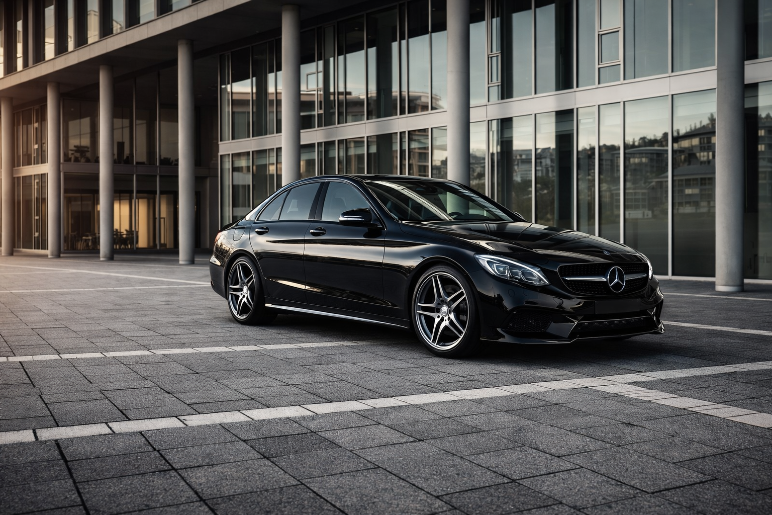 A black Mercedes-Benz sedan parked on a city street in front of a modern glass building.