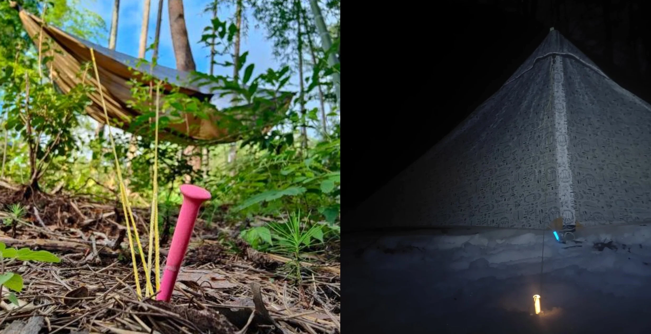 Split image featuring a treehouse with a railed platform in a forest on the left and a pyramid-shaped structure with symbols and a glowing light inside at night on the right.