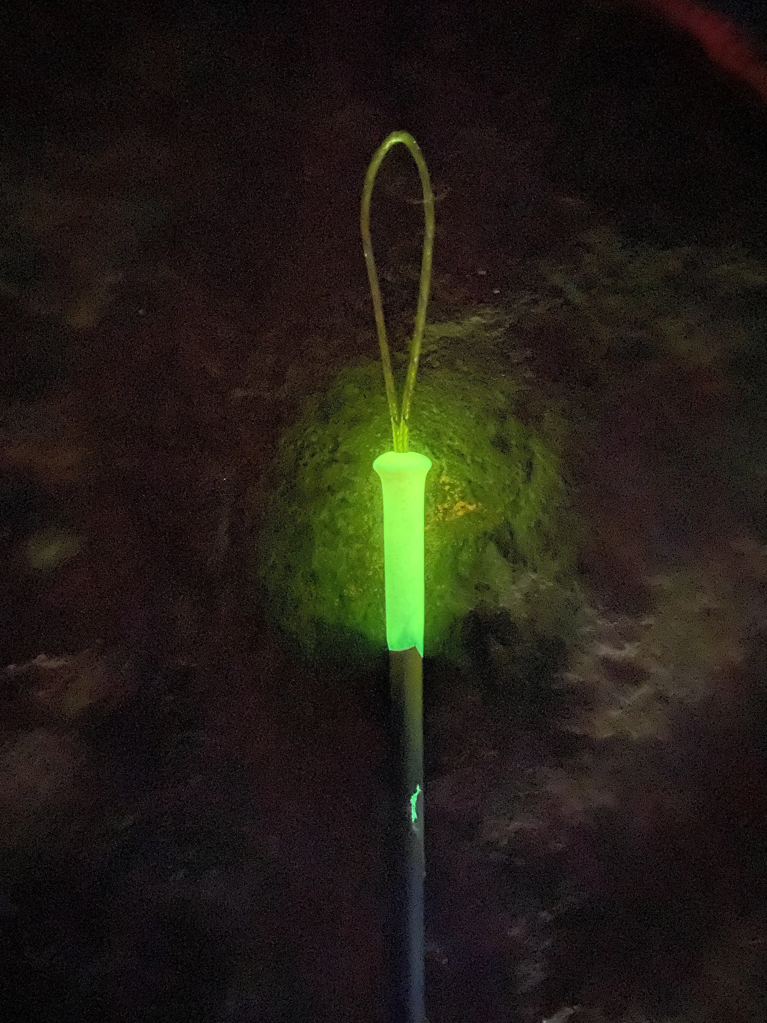 A fountain illuminated with green light at night, with water shooting upwards in a narrow arc.
