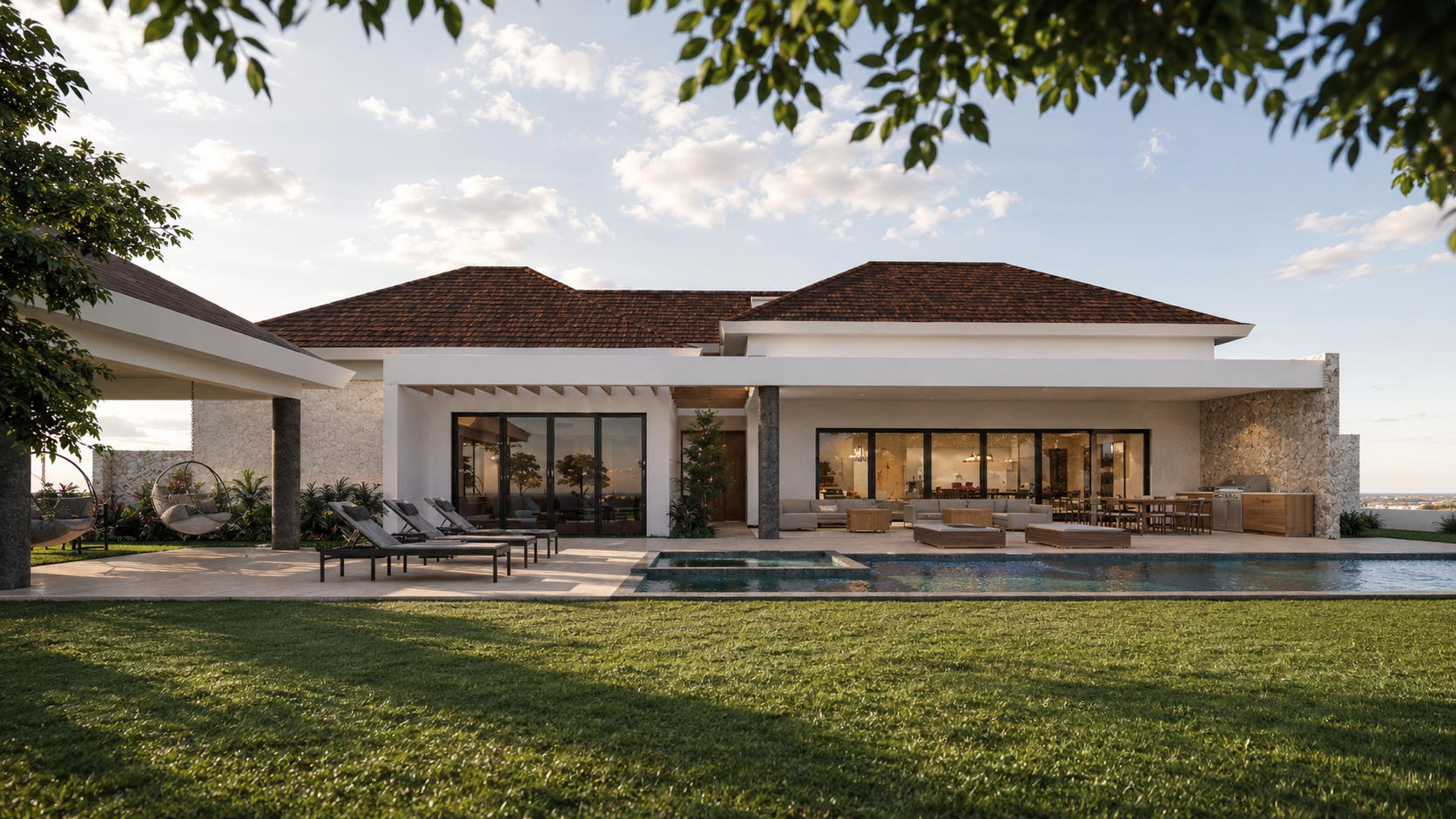 Architectural visualization of a contemporary Caribbean residence designed by Yamilis de la Rosa in Casa de Campo, Dominican Republic, with a pool terrace, landscaped garden, and indoor-outdoor living spaces.
