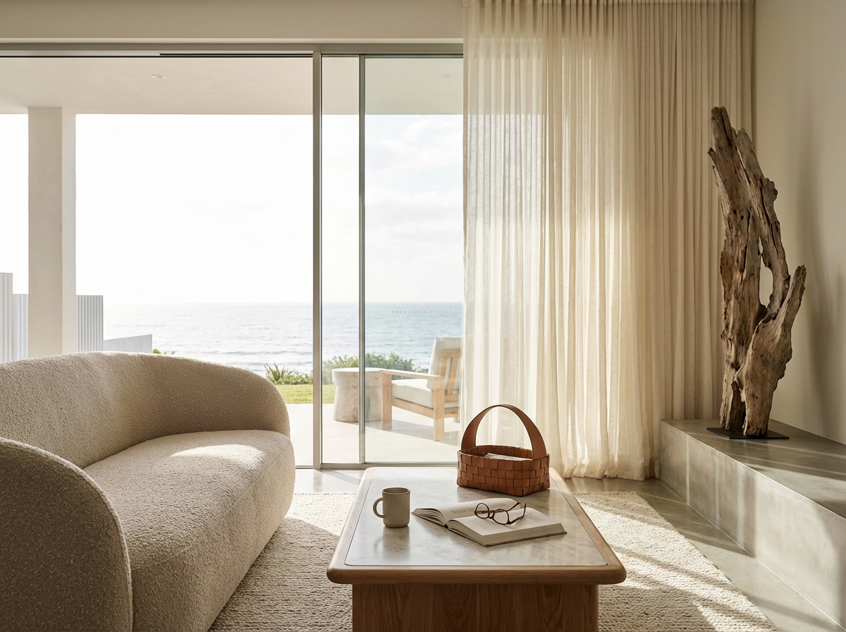 Contemporary coastal residence with indoor-outdoor living and ocean views.