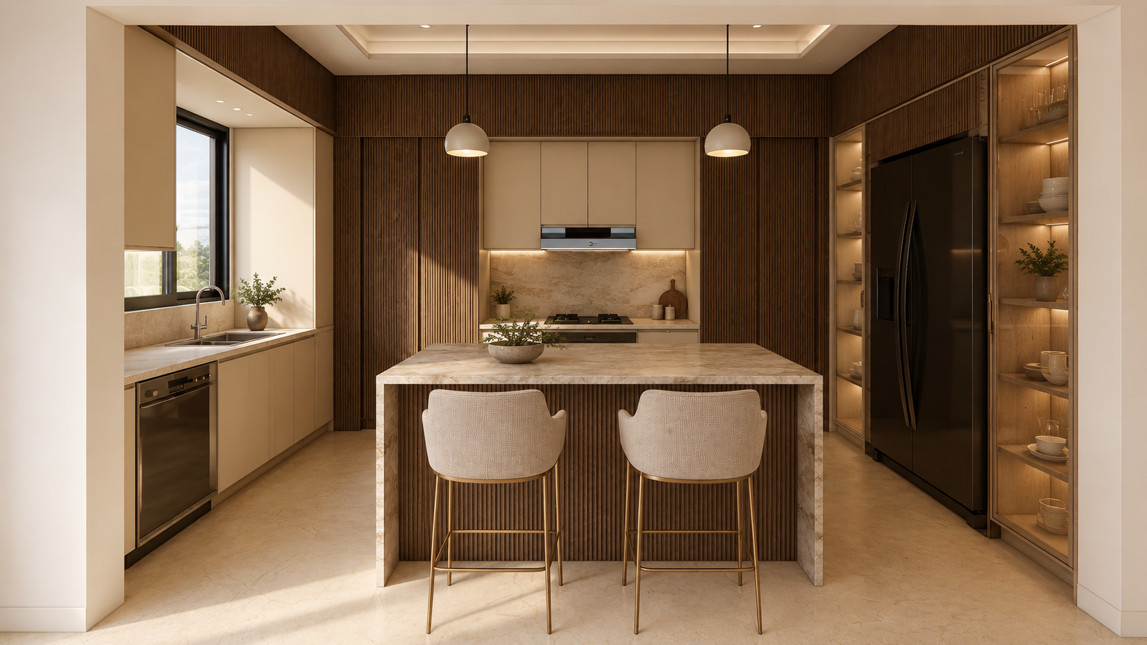 Modern kitchen with beige cabinets, marble island, black refrigerator, and wooden accents.