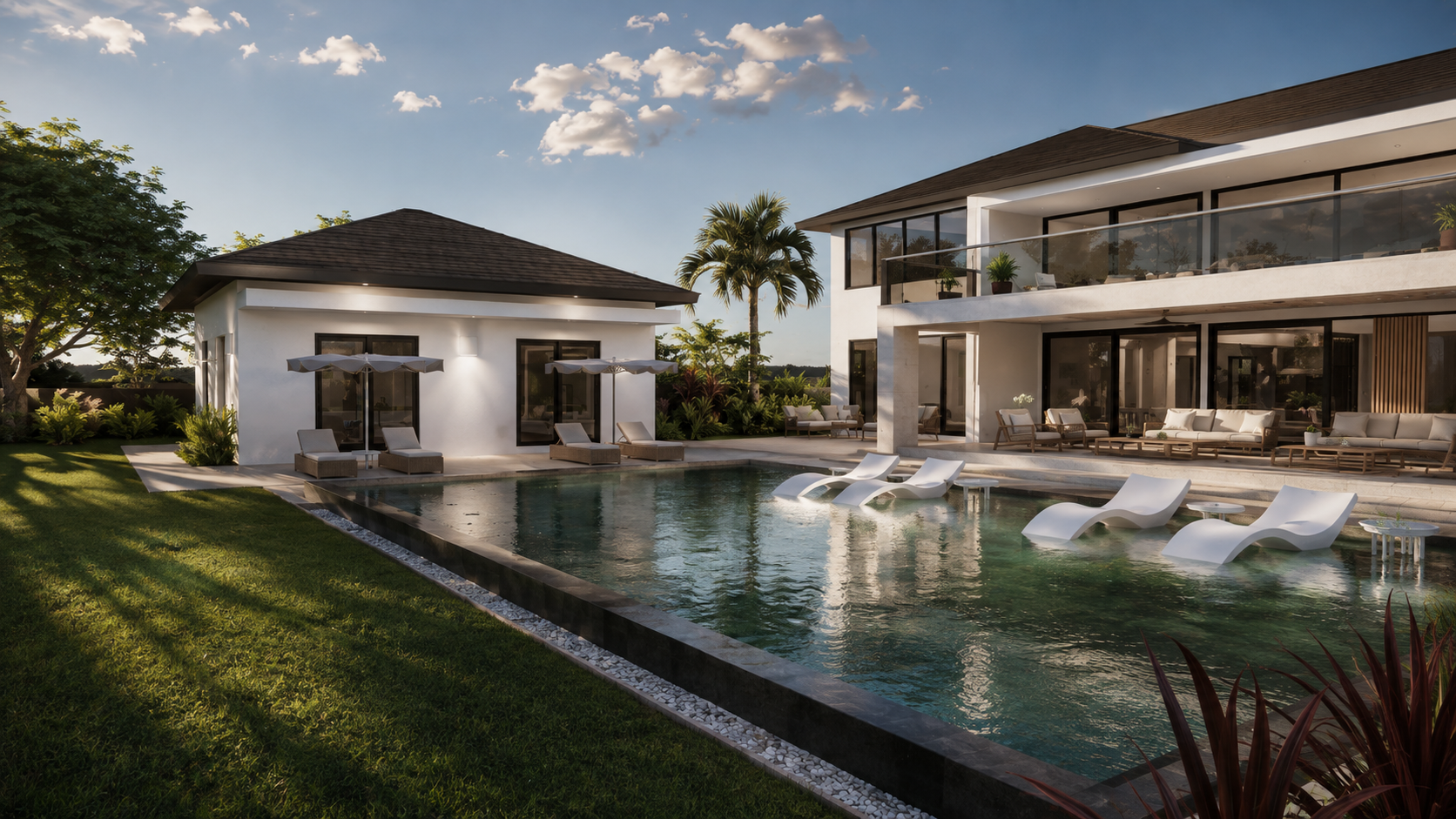 Contemporary tropical villa under construction in Casa de Campo, featuring a swimming pool, landscaped garden, pavilion and expansive indoor-outdoor living areas.
