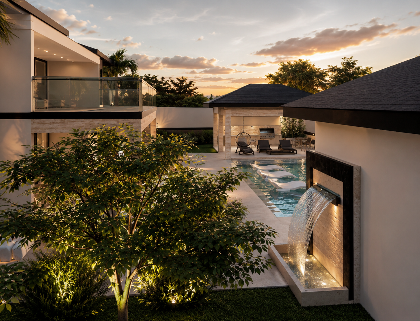 Contemporary tropical villa in Casa de Campo at sunset, featuring a landscaped courtyard, swimming pool, outdoor pavilion and architectural water feature.