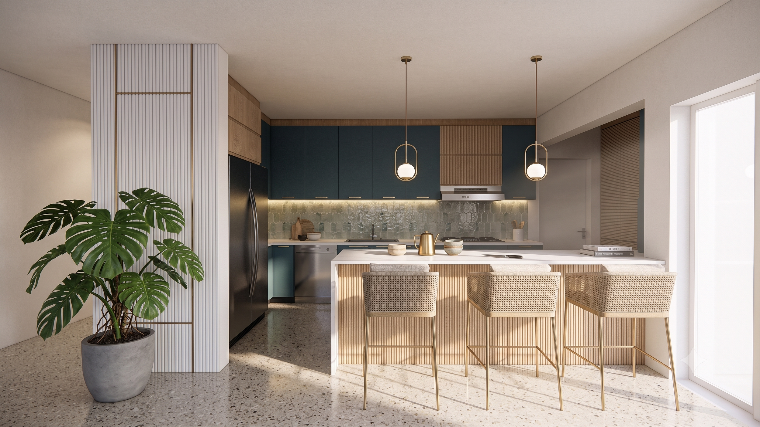 Modern kitchen with blue and wood cabinetry, white island with bar stools, hanging pendant lights, large window, and a potted monstera plant.