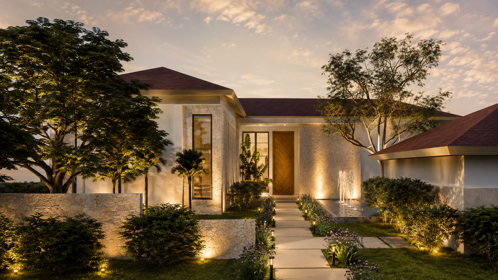 Luxury tropical residence with natural stone, white stucco walls and lush landscaping at dusk in Casa de Campo, Dominican Republic.