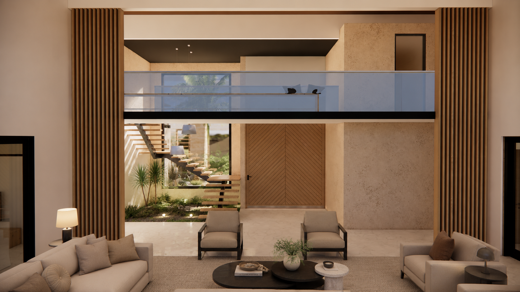Double-height contemporary living space with floating staircase, natural stone walls, wood detailing and an interior tropical garden.