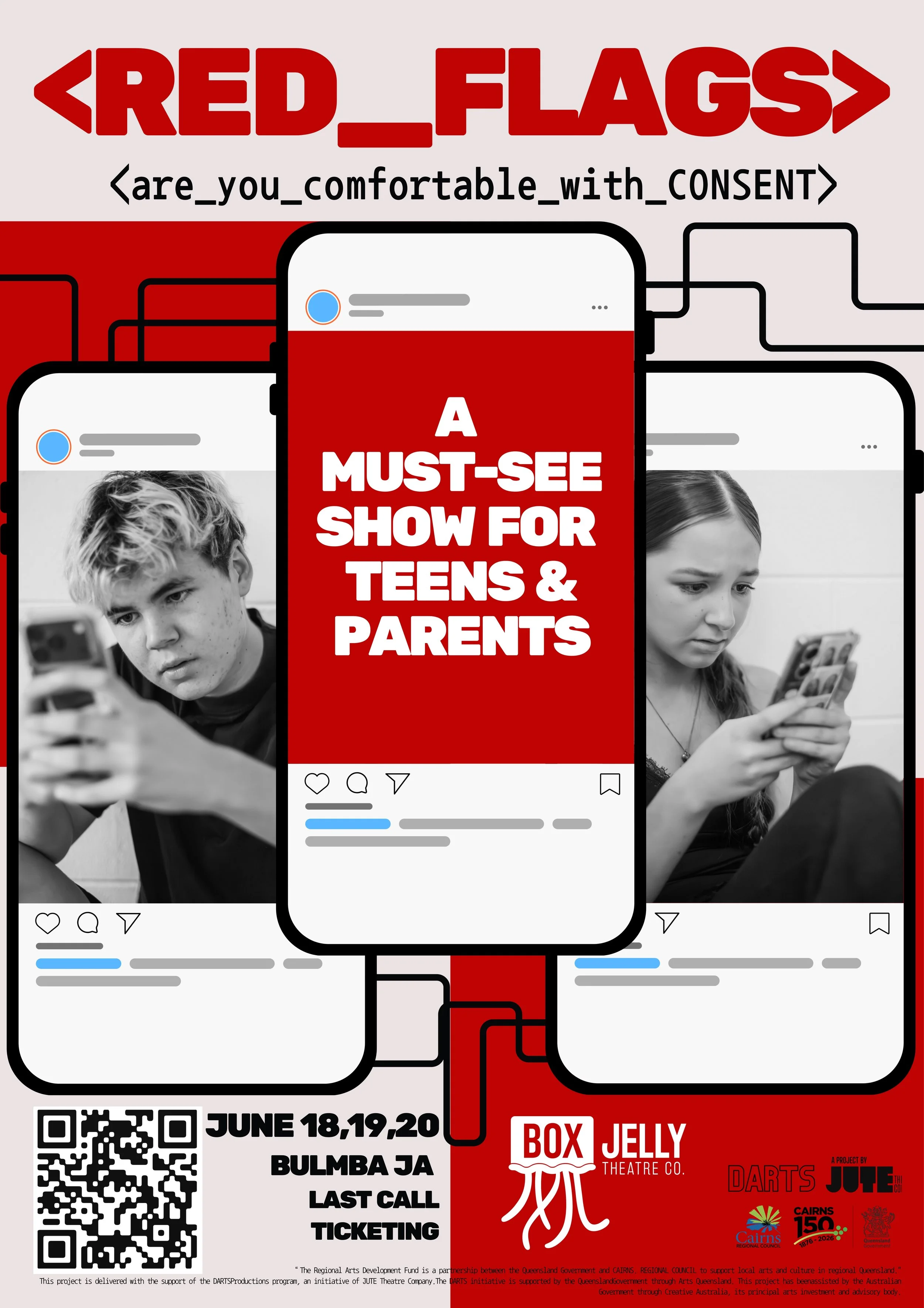 Promotional poster for a theater show titled 'Red Flags' with images of teenagers using smartphones and event details including date, location, and sponsors.