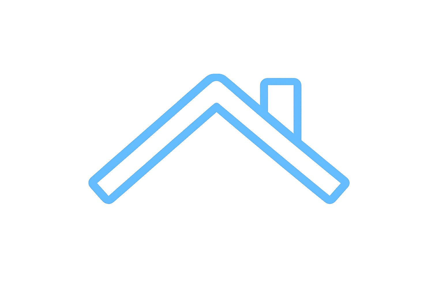 Neon-style outline of a house with a roof, chimney, and door, illuminated in blue against a black background.