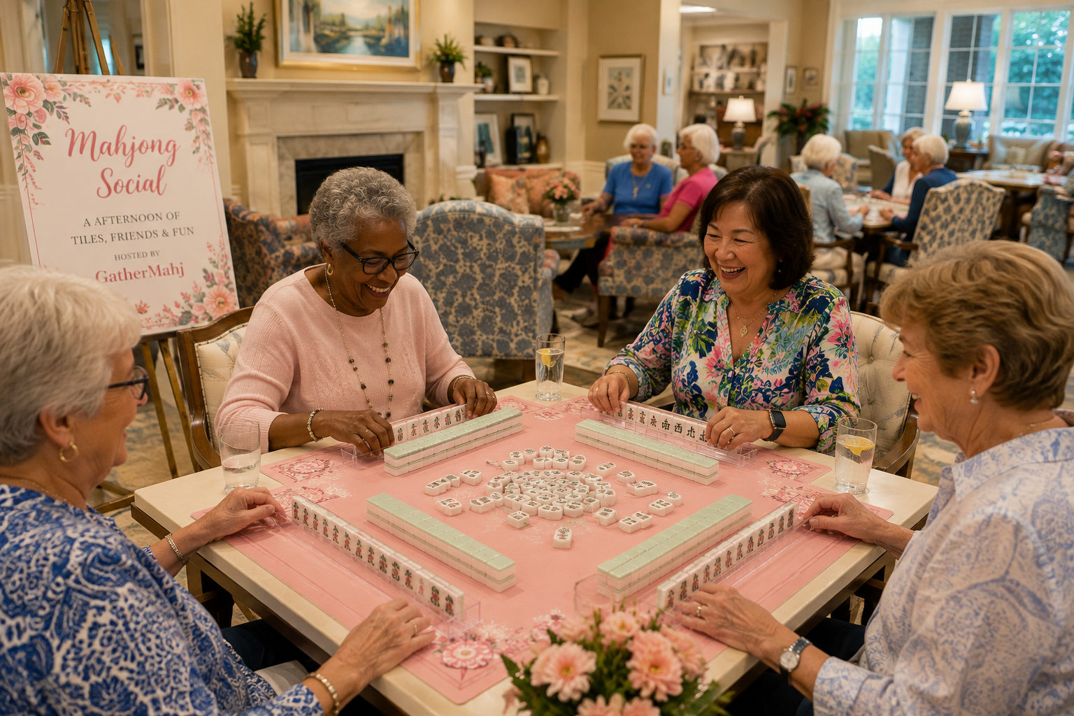 A group of elderly women playing Mahjong at a social gathering in a cozy, well-lit living room with large windows, floral decorations, and a sign reading 'Mahjong Social, an afternoon of tiles, friends & fun, hosted by GatherMahj'.