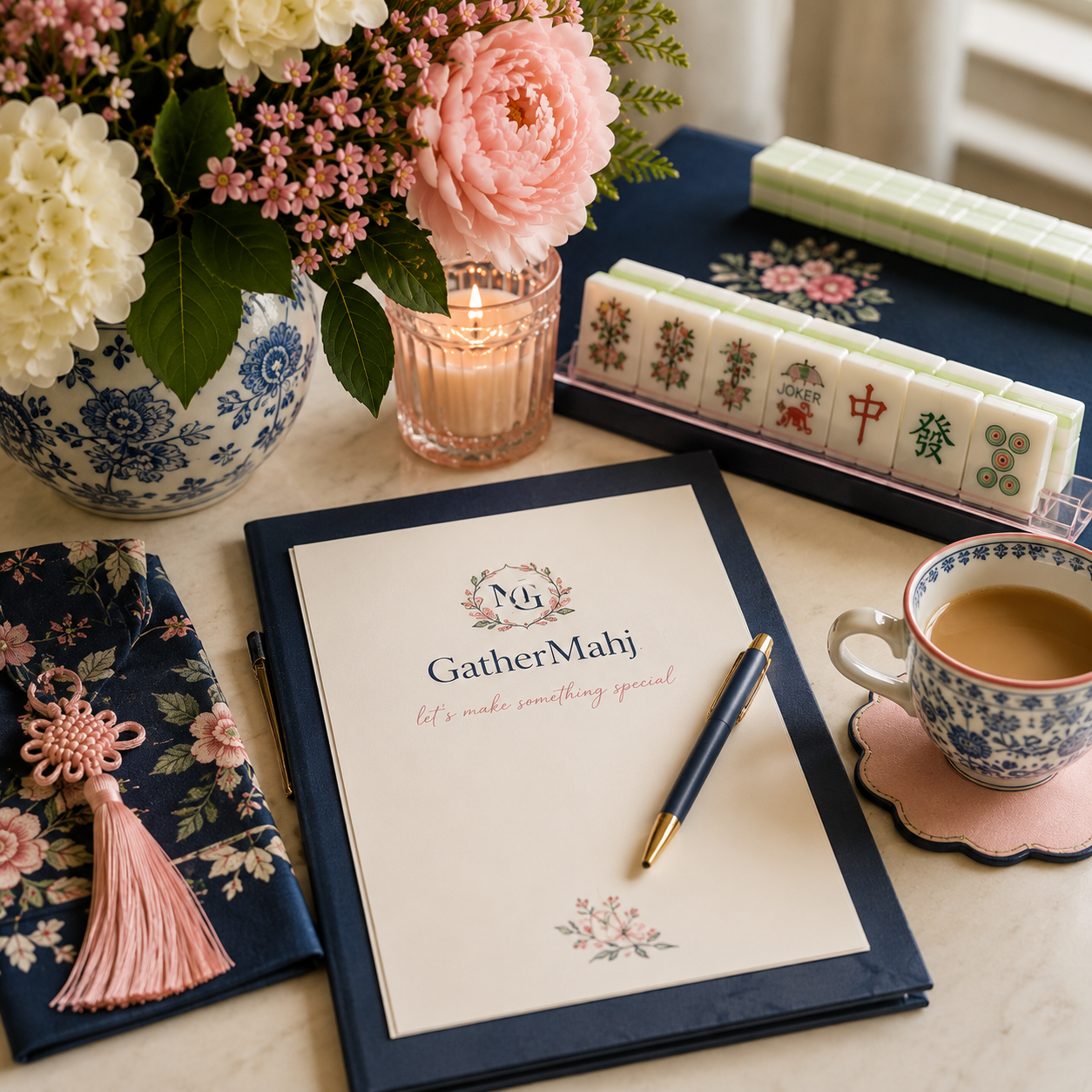 Table with flowers, a candle, Mahjong game tiles, a notepad labeled "GatherMahj" and a cup of tea.