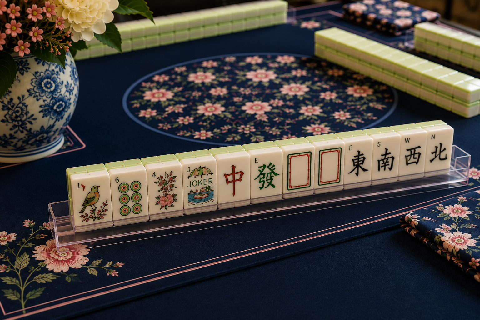 Mahjong tiles arranged in a row on a dark blue floral tablecloth, with a floral centerpiece in a blue and white vase to the left.