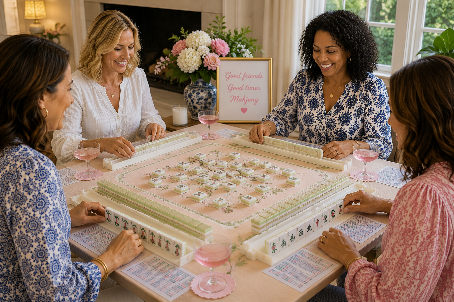 Four women playing Mahjong at a table decorated with pink and white flowers, with drinks in pink glasses, and a sign reading 'Good friends, good times, Mahjong' in the background.
