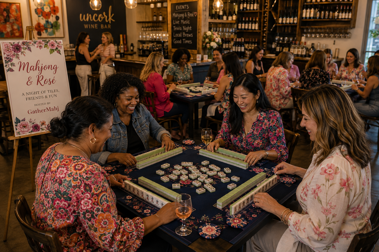 Four women playing Mahjong at a round table with drinks in a lively wine bar, with other people socializing in the background, and a sign on the side window advertising Mahjong & Rosé event.