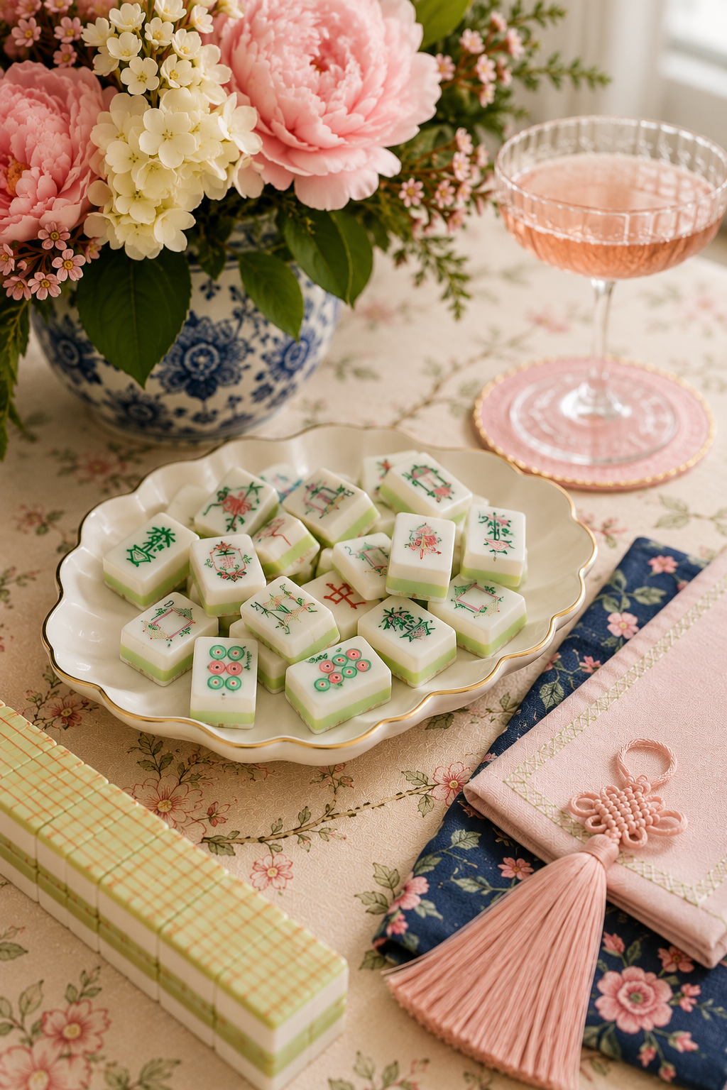 A floral arrangement with pink peonies, white hydrangeas, and greenery in a blue and white vase, a pink cocktail in a coupe glass on a pink doily, a plate of decorated Asian-style cookies, a pink and blue floral napkin with a pink tassel, and a stack of patterned napkins on a table with a floral tablecloth.