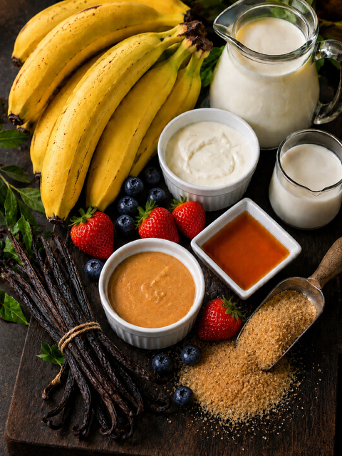 Assorted ingredients for banana fosters, including bananas, strawberries, blueberries, caramel sauce, and various creams and milk on a dark wooden board.