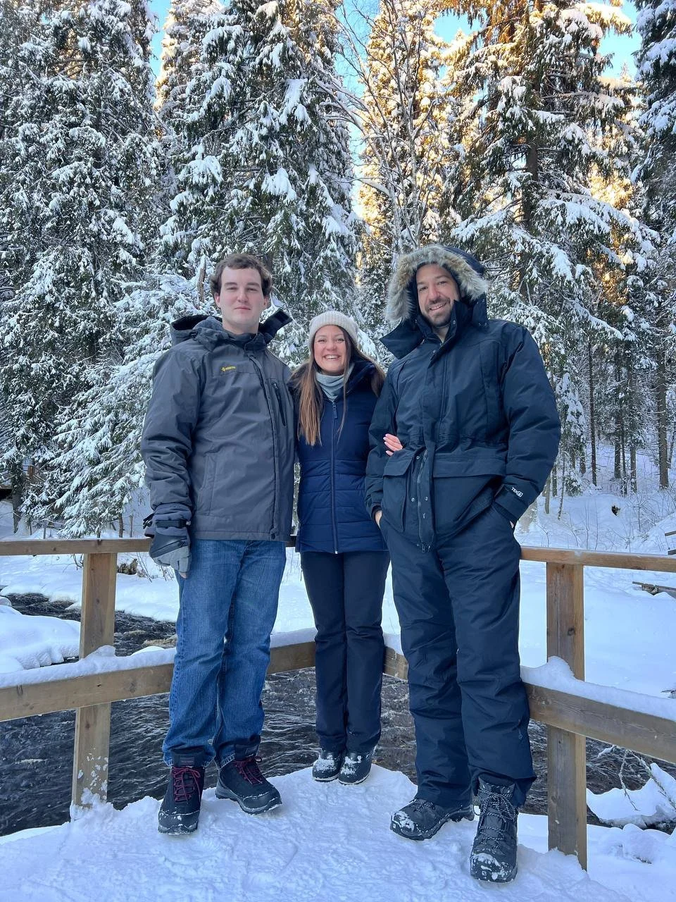 Travellers in the snowy forest of Karelia, Russia