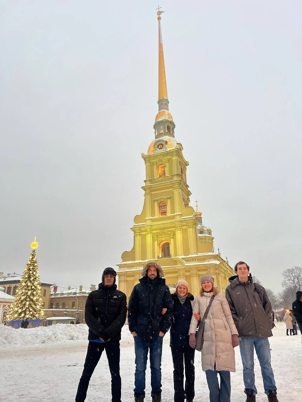 Group trip travellers at Peter and Paul Cathedral, St Petersburg"