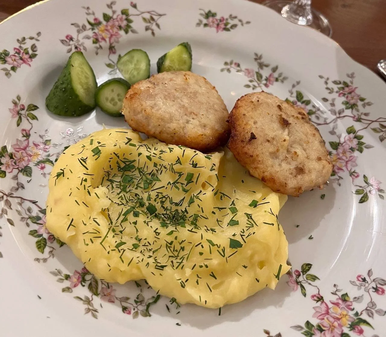 Traditional Russian lunch with kotleta and mashed potato served at a local restaurant in Russia