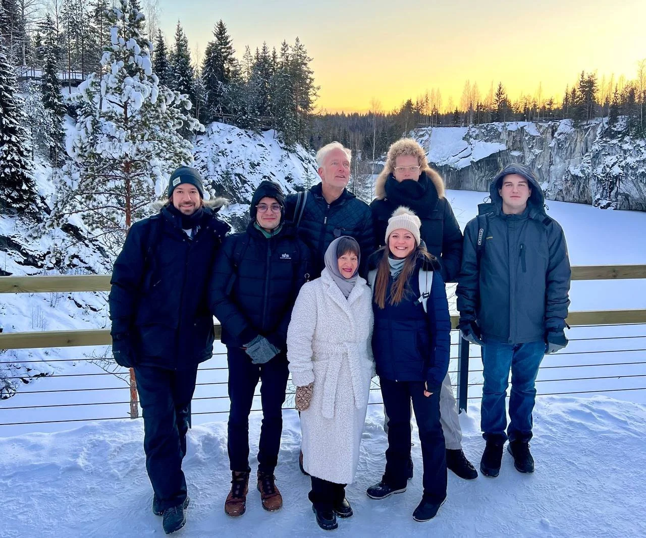 Group trip travellers at the marble canyon in Karelia, Russia