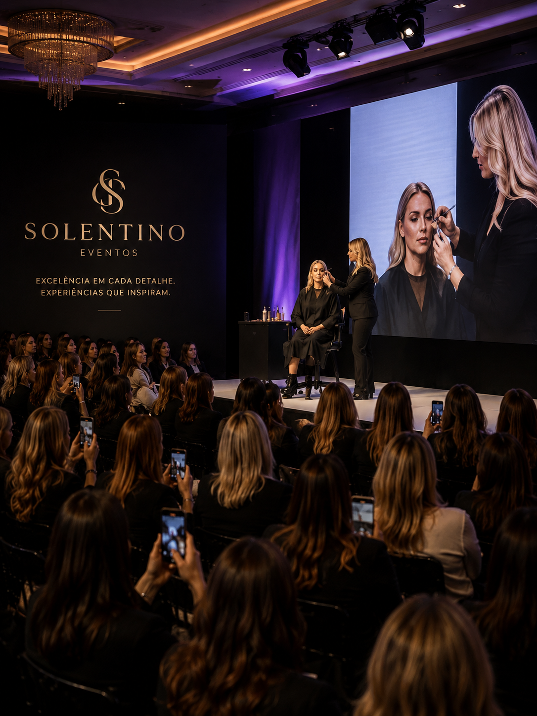 Evento de beleza com uma demonstração de maquiagem para um público de mulheres, com um palco com grande tela mostrando a rotina de uma maquiagem, e uma parede com o logo 'Solentino Eventos'.