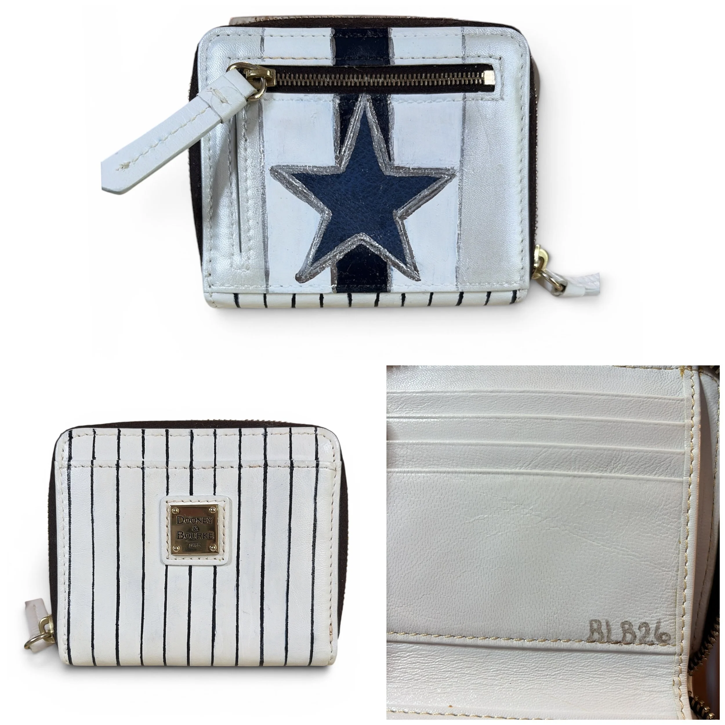The Transformation: 

Using premium leather paints and careful hand detailing, the wallet became a custom Yankees and Cowboys design featuring crisp pinstripes and a bold Dallas star. The result is a durable, personalized accessory that can't be foun