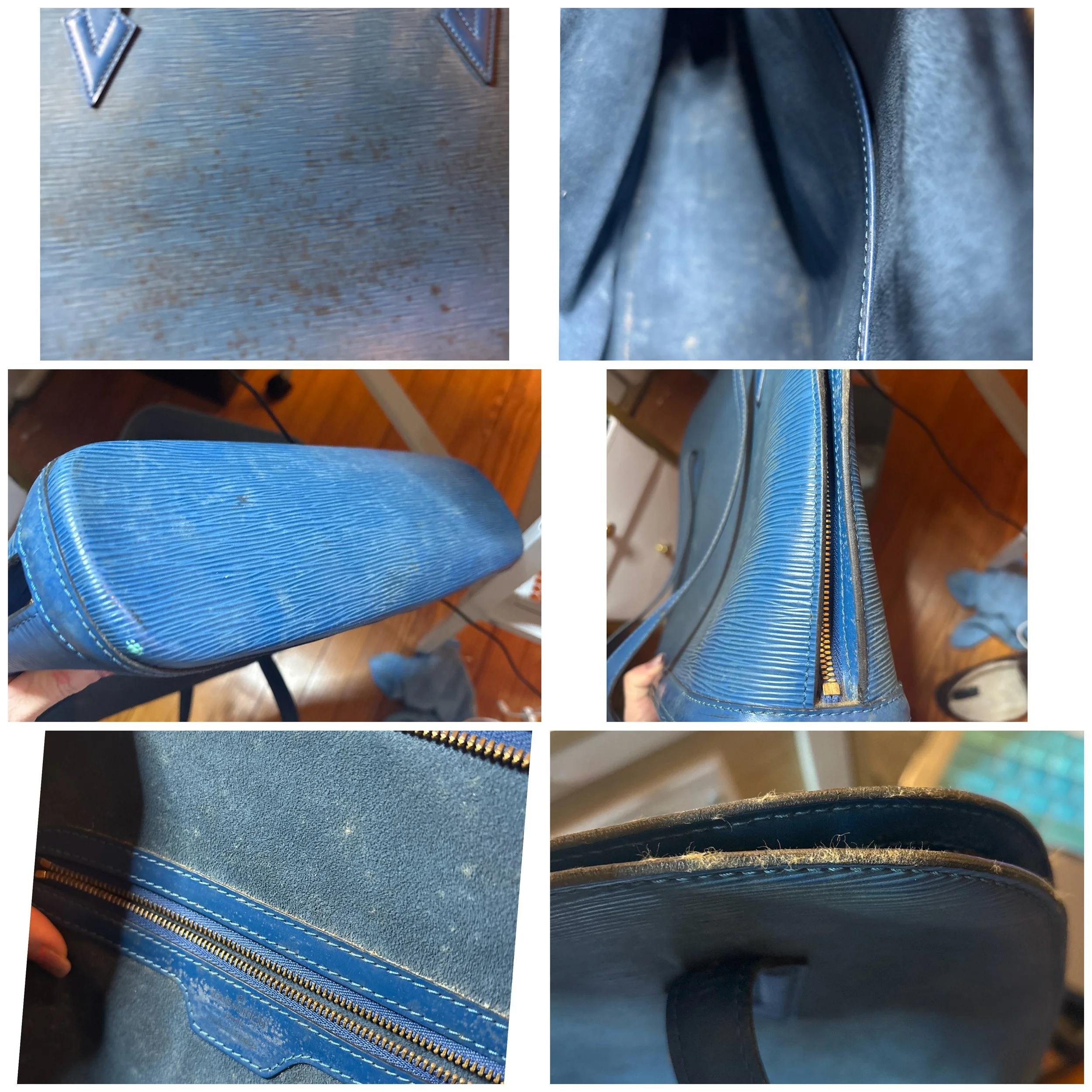 The Challenge:

This vintage Louis Vuitton Lussac had clearly been well loved. Years of everyday use left the blue Epi leather dull and covered with surface grime, while the interior suede showed dust, staining, and signs of neglect. The corners and 