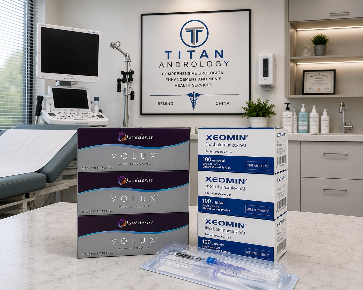 Titan Urology office with boxes of Juvéderm Volux and XEOMIN for treatment of penile enhancement services