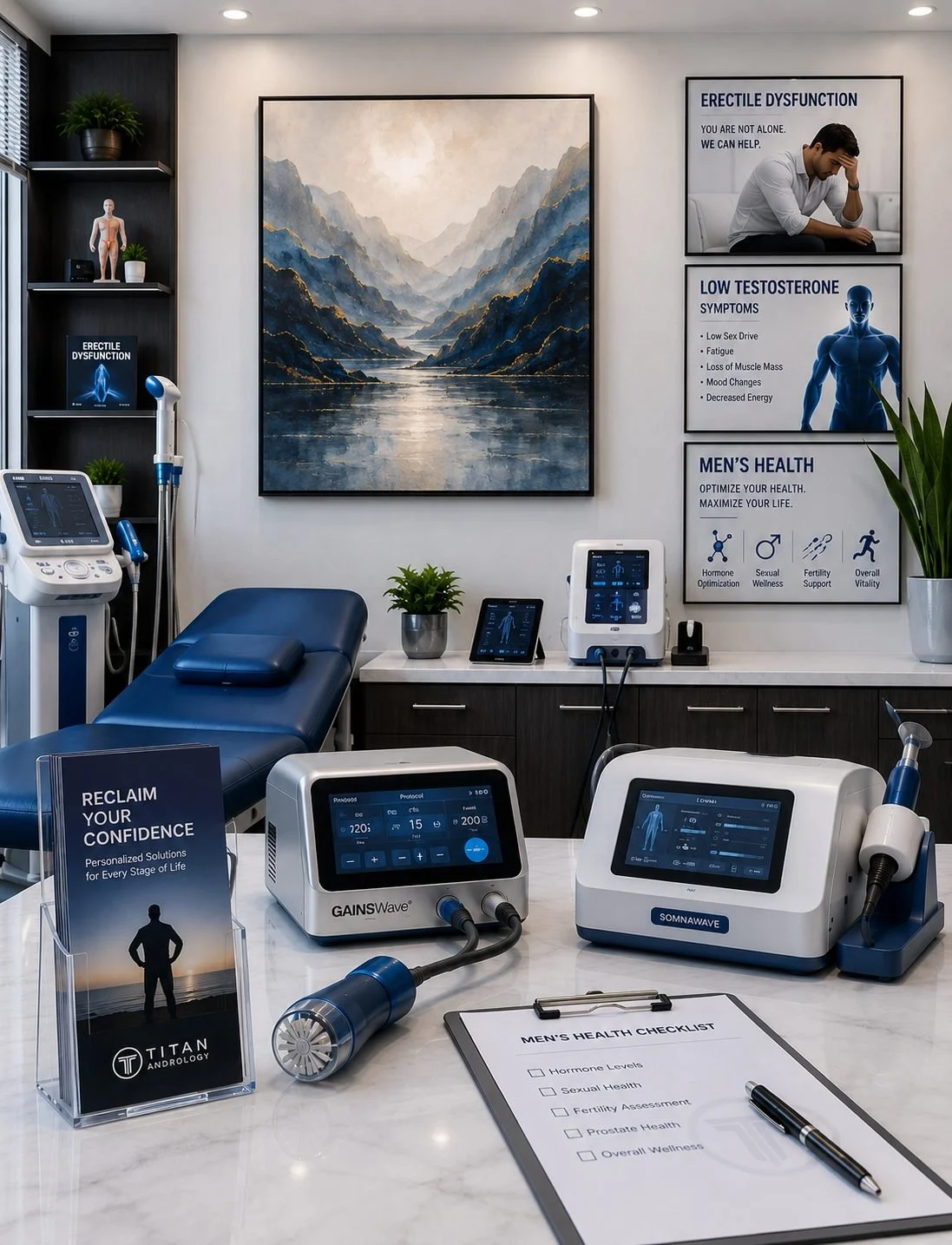 Titan urology office with health equipment, charts, and posters about men's health and erectile dysfunction.
