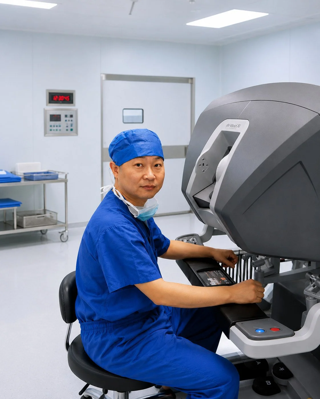 Dr. Zhang operating with Davinci Robotic in a clean, sterile hospital room.