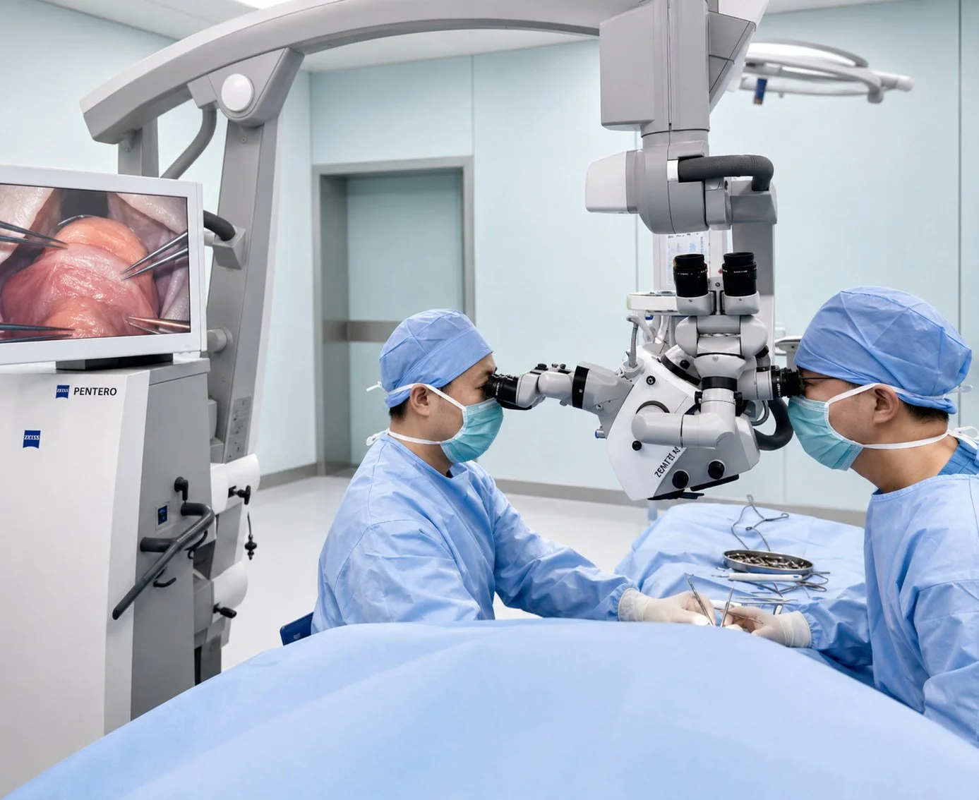 Dr Zhang performing surgery under microscope.