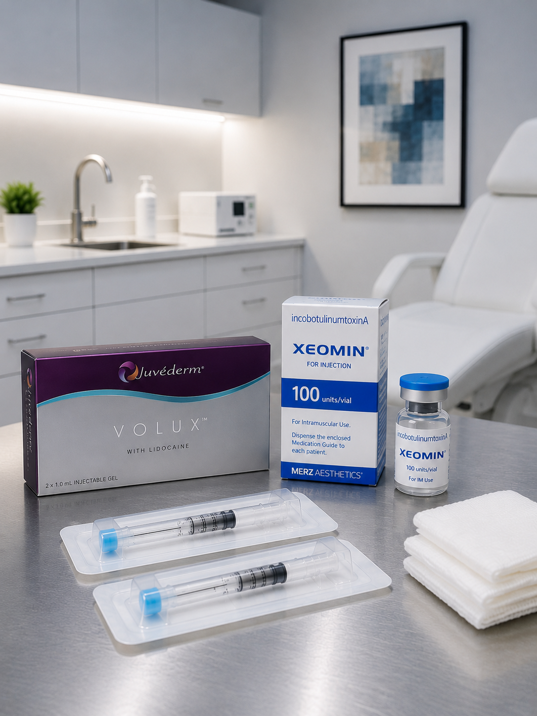 Medical syringes, medication boxes, and supplies on a stainless steel table in a clinic room.